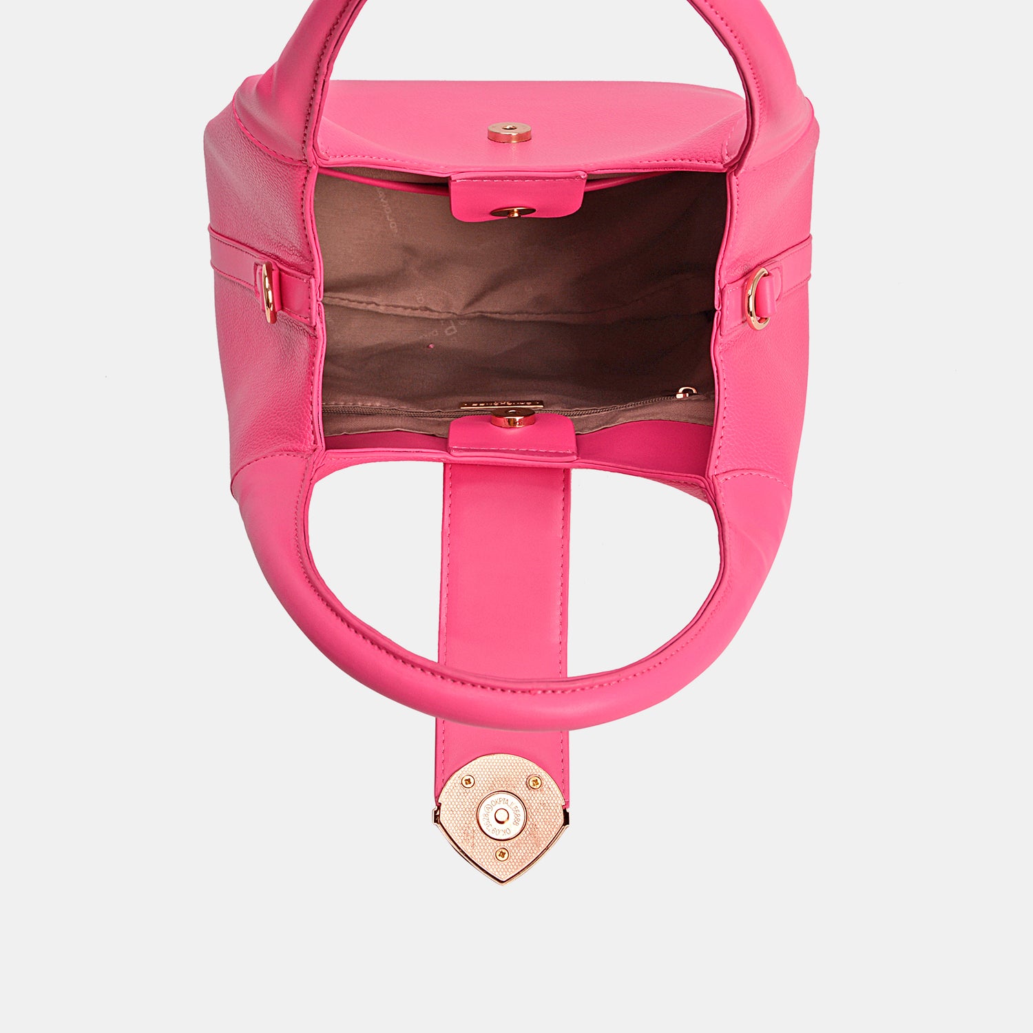 The David Jones PU Leather Handbag is a vibrant pink accessory with a sleek design, showcasing a single handle and adorned with an elegant gold triangular clasp on the front.