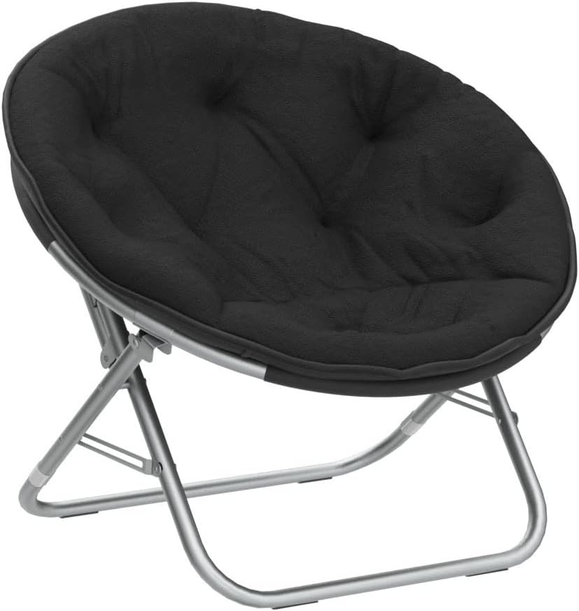 A black, round, collapsible Faux Fur Saucer Chair with a soft cushioned seat and a metallic frame.