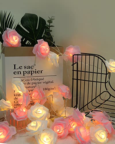 The Blue Rose Flower String Lights - 14.7ft 30 LED Fairy Lights Flower Garland Lights are elegantly draped over a stack of books and a framed photo, creating a romantic, glowing decor for any occasion, whether it's indoors or outdoors.