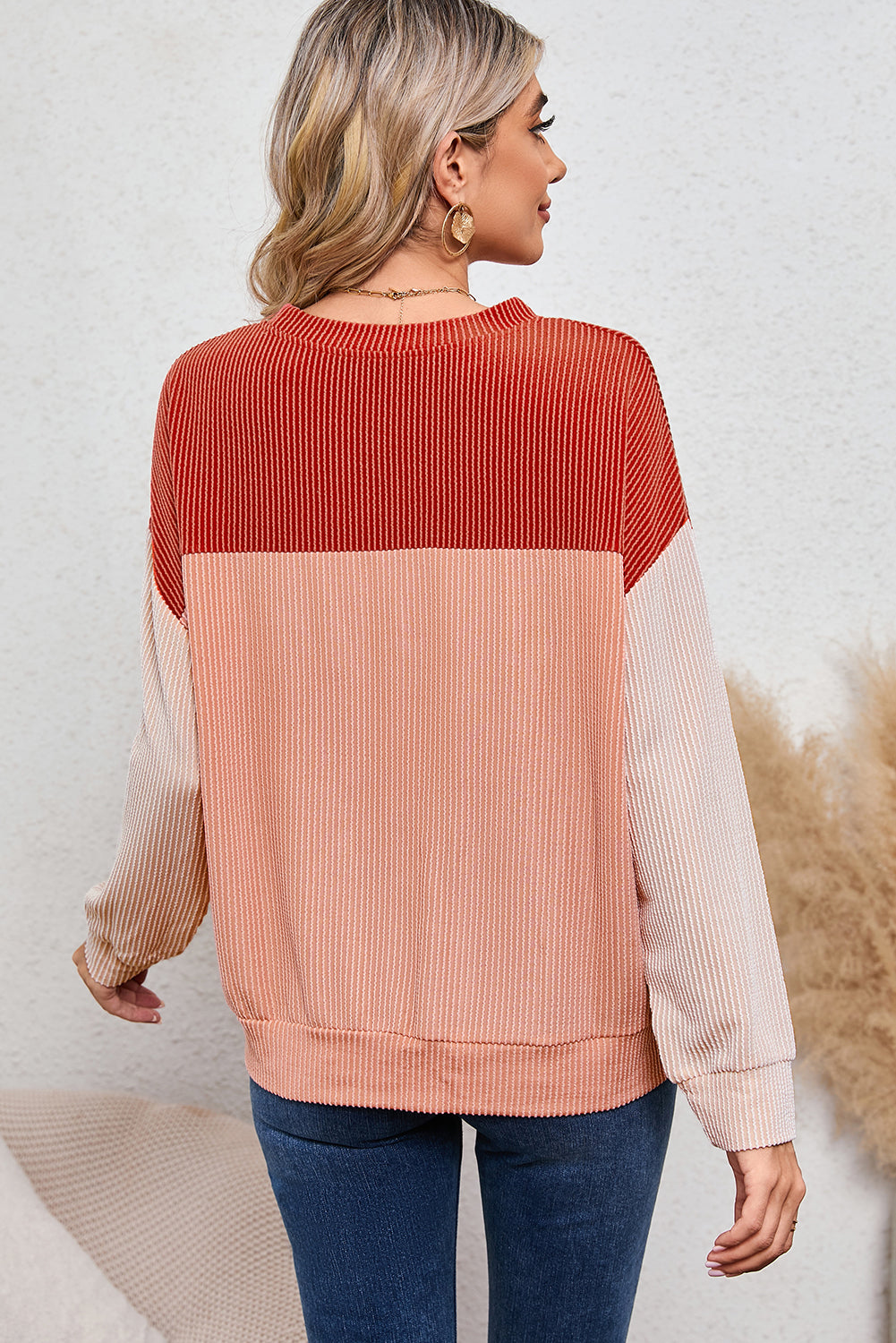 Wholesale Black Color Block Corduroy Long Sleeve Tops.