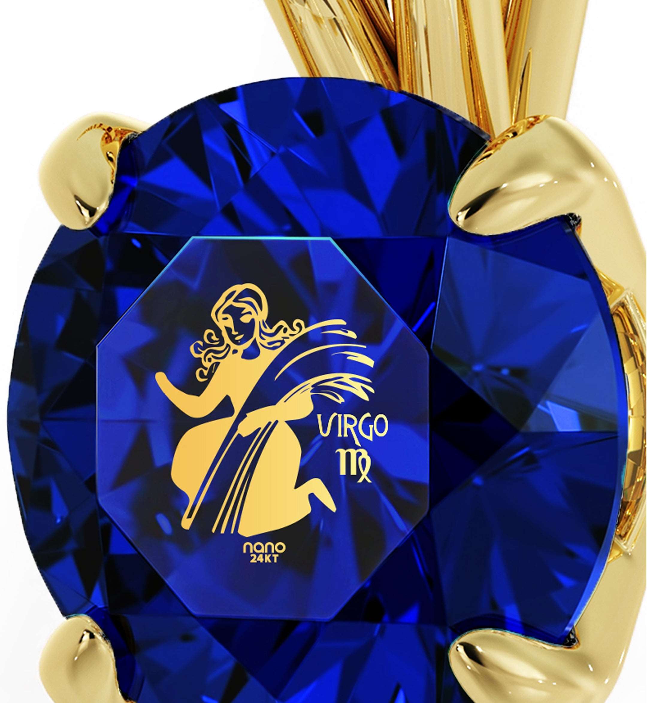 14k Yellow Gold Virgo Necklace Zodiac Pendant 24k Gold inscribed on Crystal