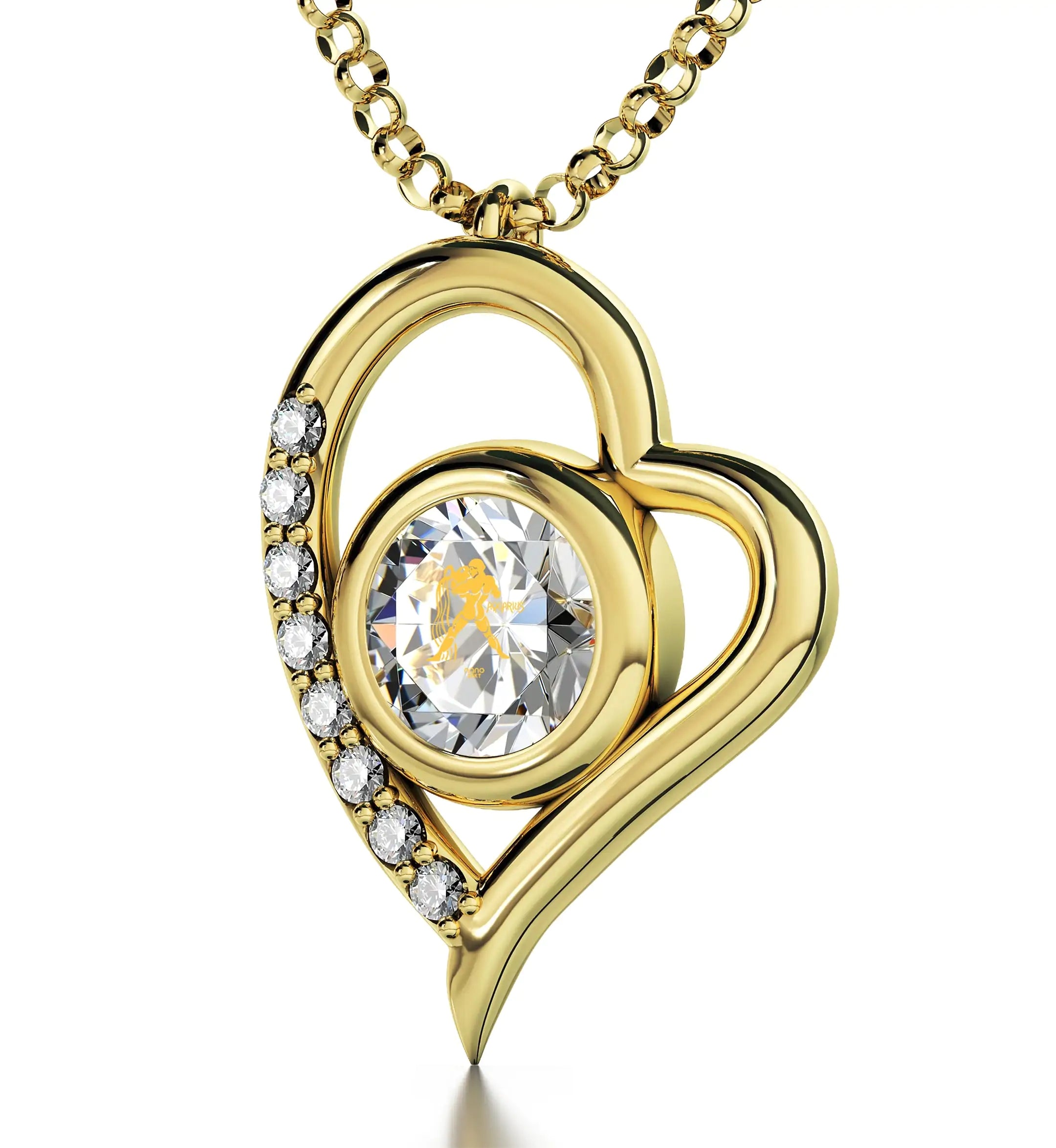Gold Plated Silver Zodiac Heart Pendant Aquarius Necklace with a Swarovski crystal featuring the Aquarius zodiac symbol, framed by a circular golden design.