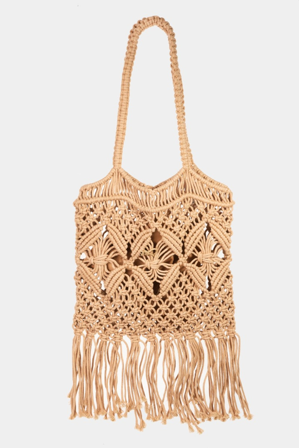 Introducing the Fame Woven Handbag with Tassel: a handmade beige macramé bag showcasing a braided strap and floral pattern, complete with tassel details at the bottom for a bohemian vibe.