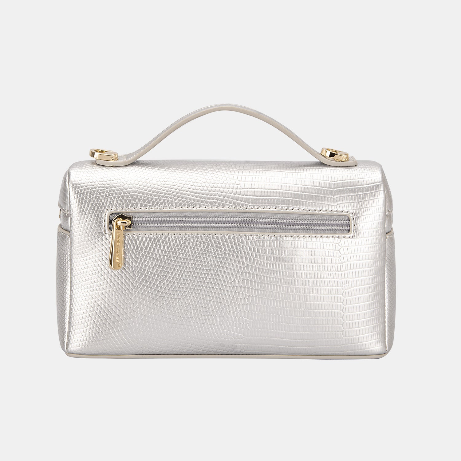 The David Jones Texture PU Leather Handbag is a cream-colored cosmetic bag featuring a convenient handle and is crafted from textured PU leather, complete with a gold zipper adorned with a small lock charm.