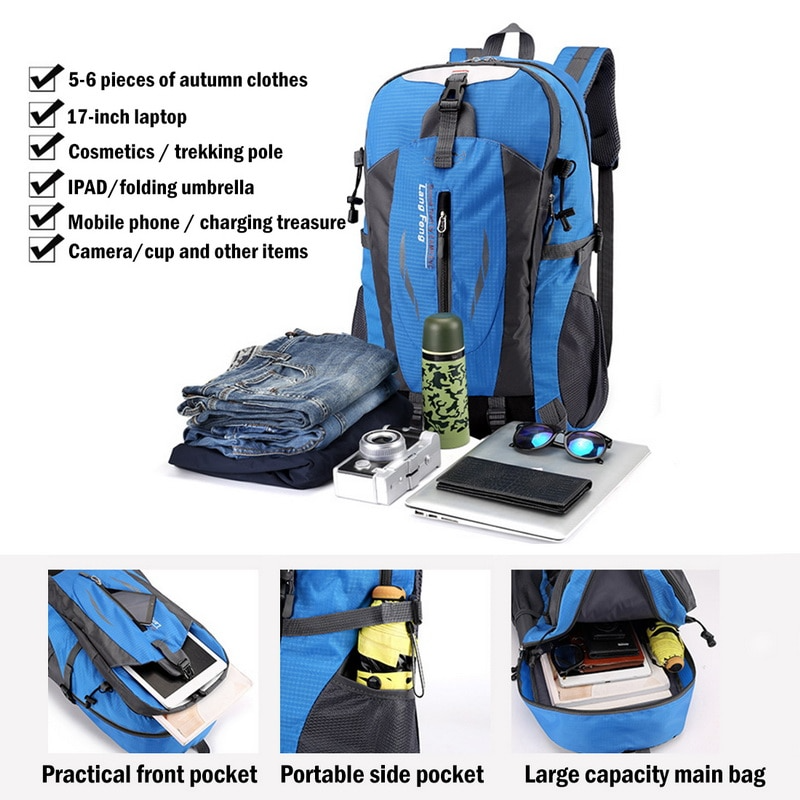 The product image showcases four versions of the 40L Men Women Travel Backpack Rucksack Camping Laptop Hiking School Book Bag USA in green, black, blue, and orange against a white backdrop. An "US Seller" banner adorned with an American flag is prominently displayed at the top. Ideal for those impulsive escapades—no calendar required to plan your next adventure!