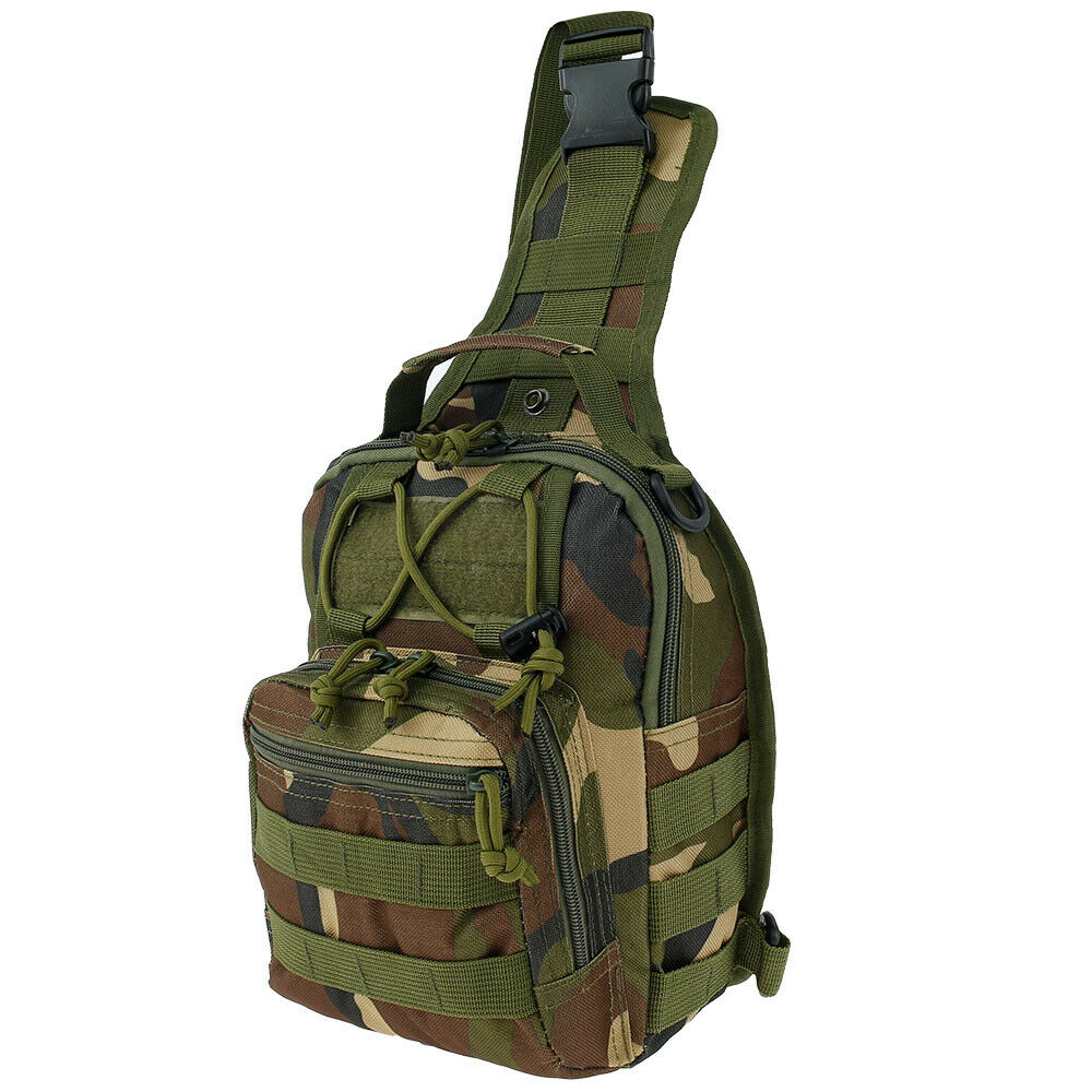 A man models a black, green, and camo Tactical Sling Shoulder Bag with a sleek design similar to a litepicker. The image emphasizes fast shipping from a US seller.