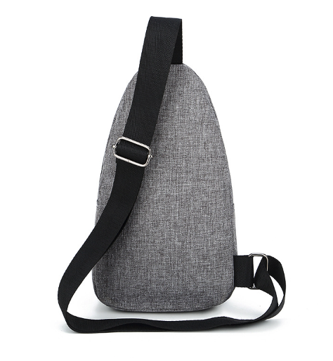 Two Men Women Sling Bag Chest Fanny Packs, one in gray and one in black, include a headphone port and an adjustable strap. There's an image of someone wearing the gray pack with headphones, ideal for days when you're busy managing tasks with your calendar widget while on the move.