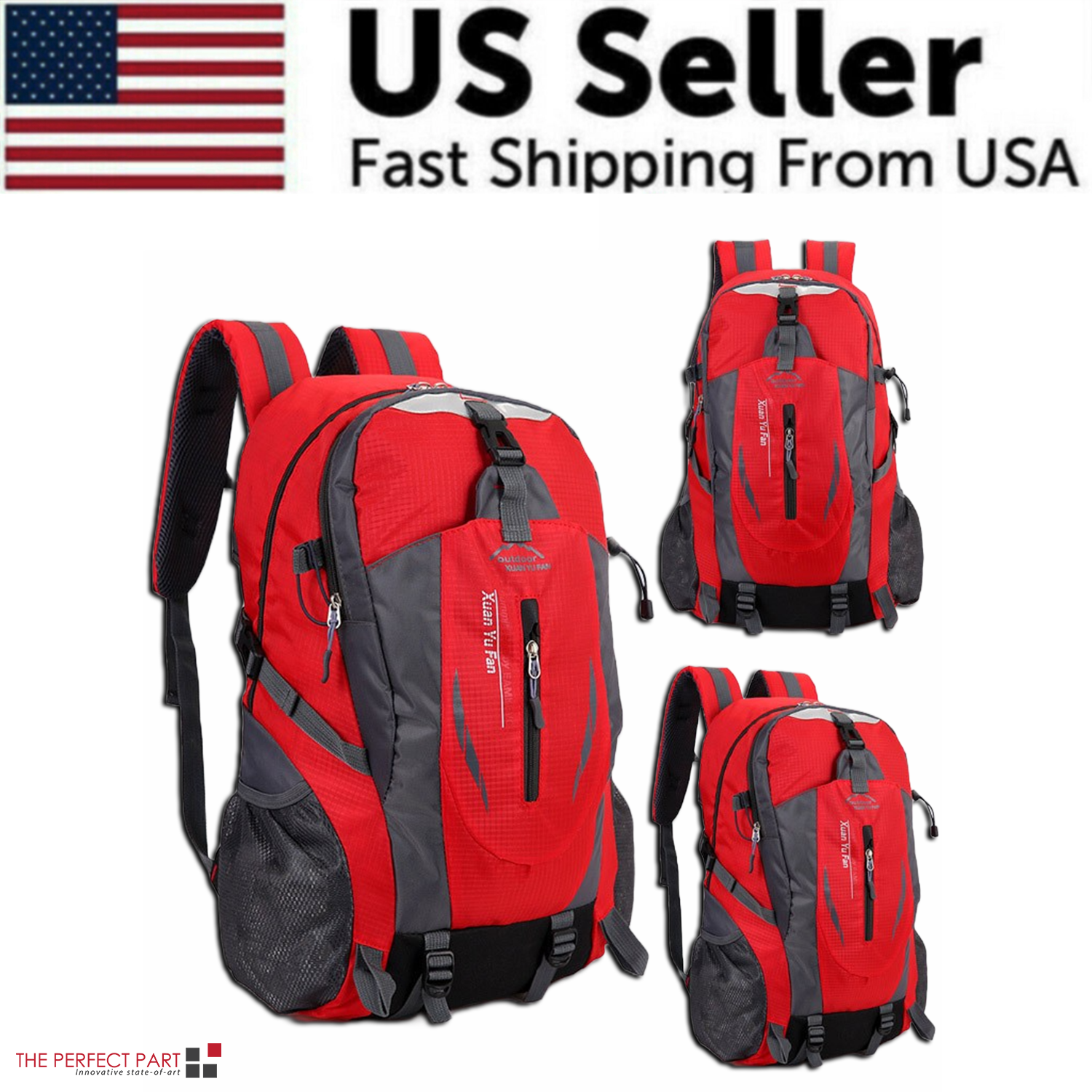 Displayed next to a USA flag with the text "US Seller Fast Shipping From USA," five 40L Travel Backpacks in green, gray, red, blue, and orange are showcased. Perfect for organizing your essentials, these versatile bags are as practical as a calendar widget on a busy day.