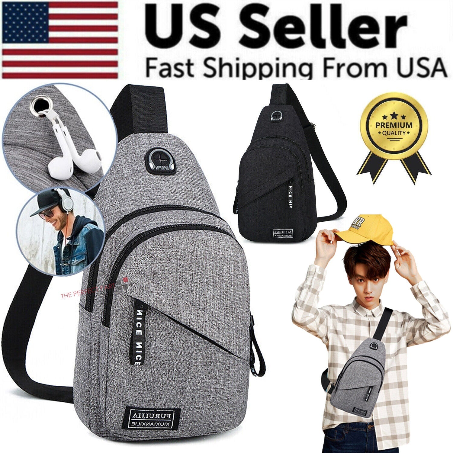 A promotional image of the Men Women Sling Bag Chest Fanny Packs Cross Body Travel Sports Shoulder Backpack highlights features such as headphone access and a built-in calendar widget. The image includes a man wearing the bag, along with an "US Seller" label and badges indicating fast shipping and premium quality.