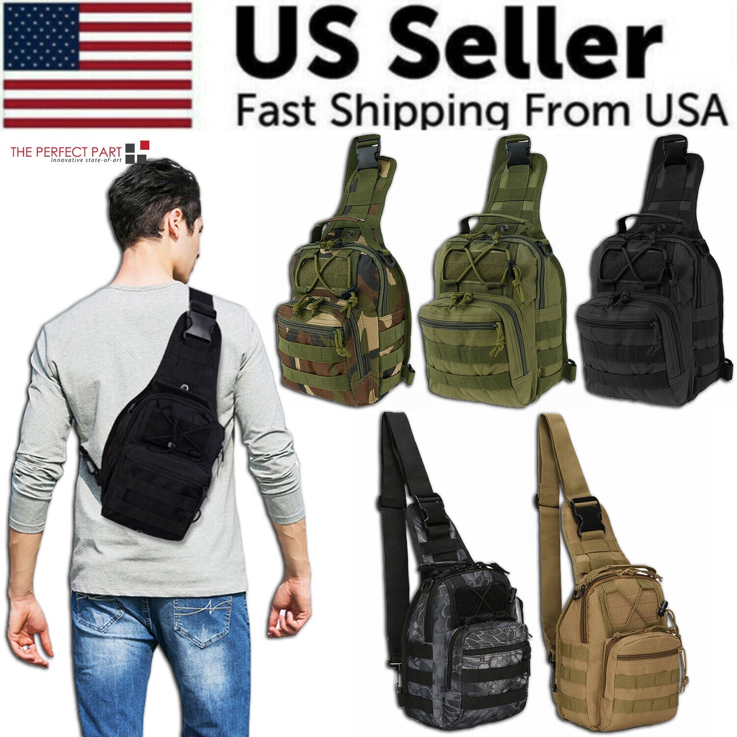 A man models a black, green, and camo Tactical Sling Shoulder Bag with a sleek design similar to a litepicker. The image emphasizes fast shipping from a US seller.