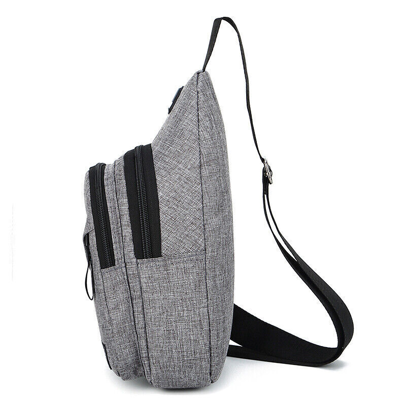 Two Men Women Sling Bag Chest Fanny Packs, one in gray and one in black, include a headphone port and an adjustable strap. There's an image of someone wearing the gray pack with headphones, ideal for days when you're busy managing tasks with your calendar widget while on the move.