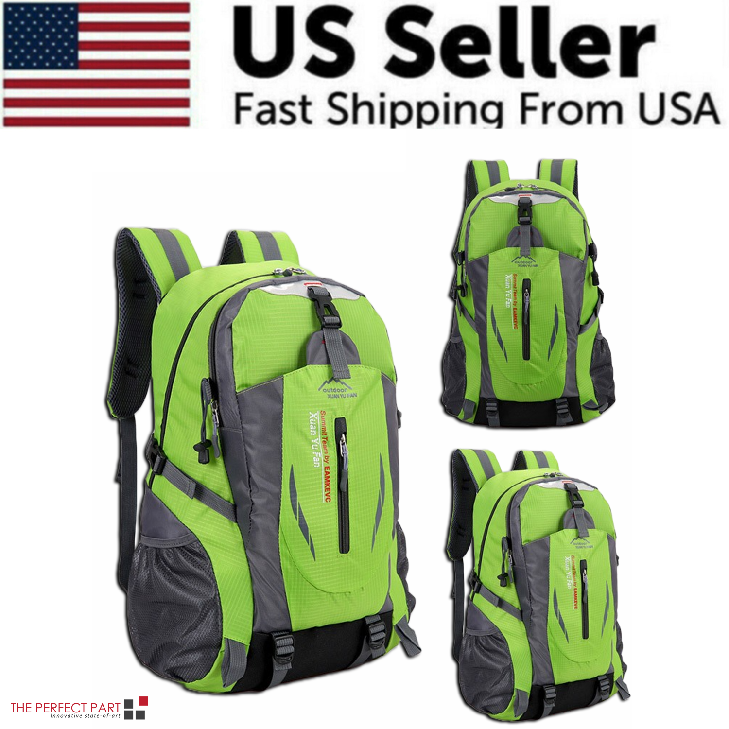 Displayed next to a USA flag with the text "US Seller Fast Shipping From USA," five 40L Travel Backpacks in green, gray, red, blue, and orange are showcased. Perfect for organizing your essentials, these versatile bags are as practical as a calendar widget on a busy day.