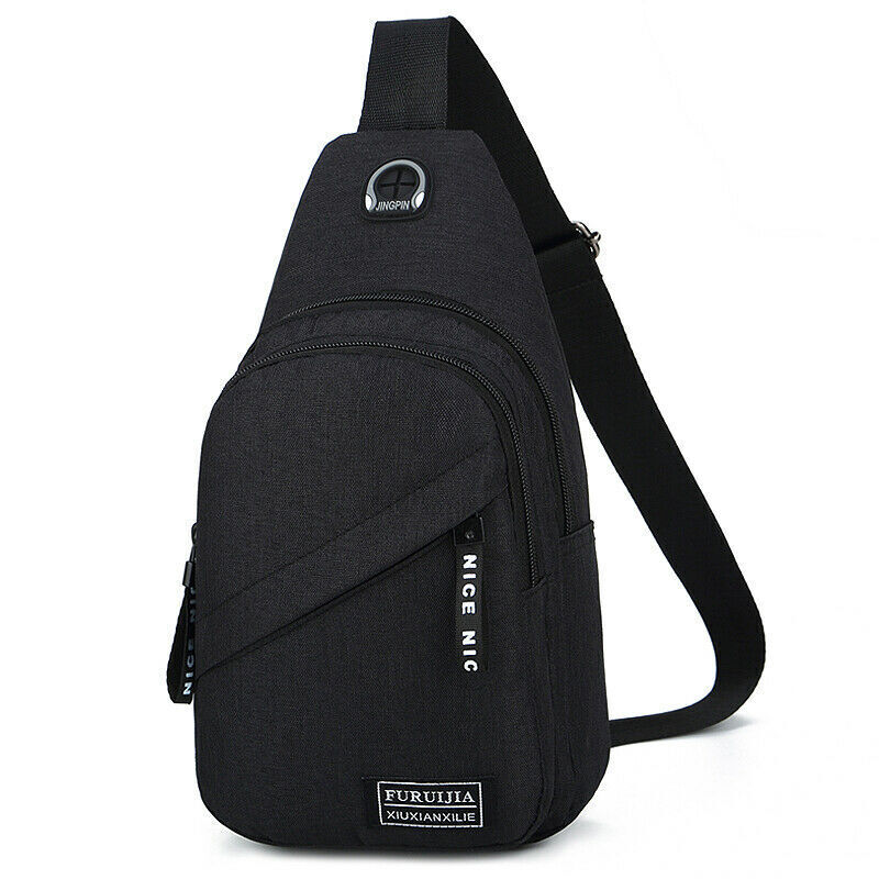 Two Men Women Sling Bag Chest Fanny Packs, one in gray and one in black, include a headphone port and an adjustable strap. There's an image of someone wearing the gray pack with headphones, ideal for days when you're busy managing tasks with your calendar widget while on the move.