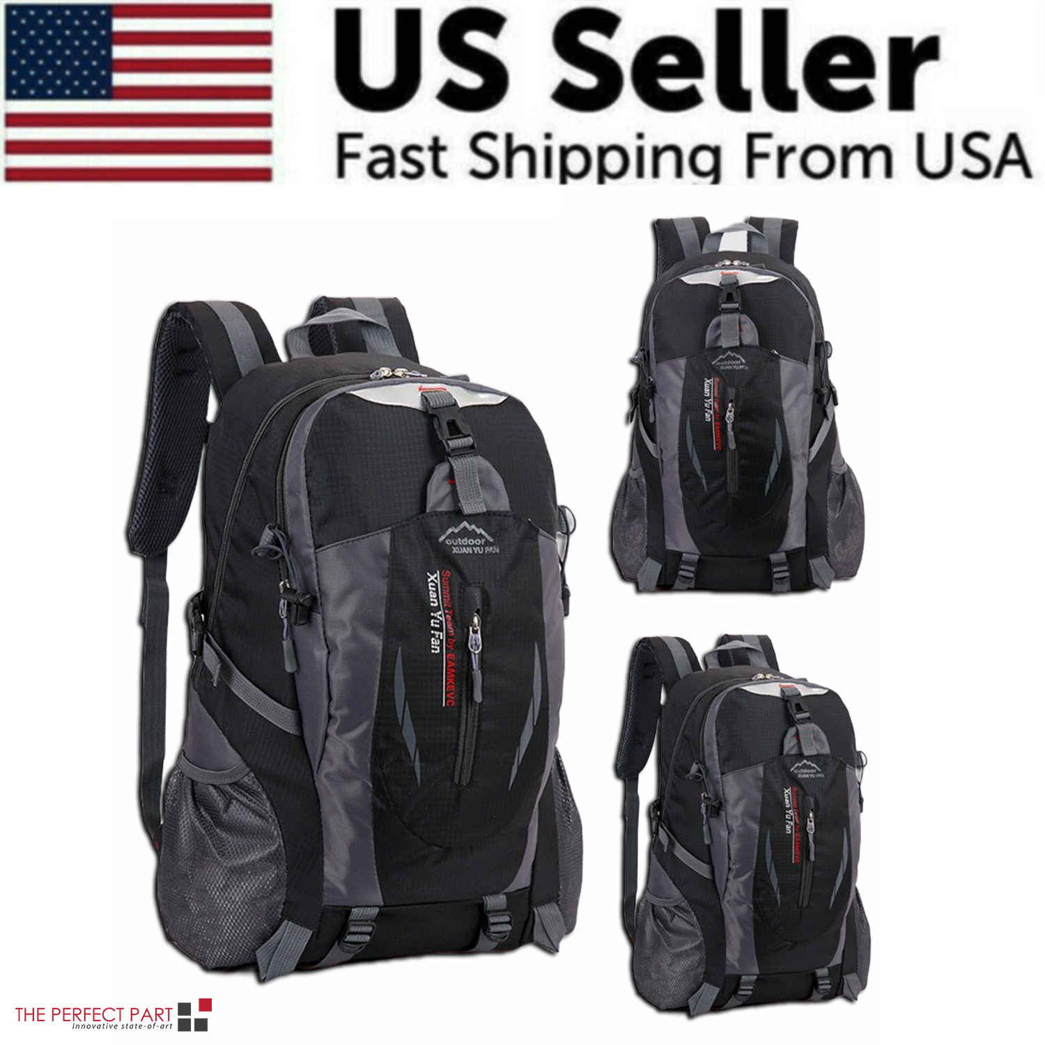 Five multi-colored 40L travel backpacks for men and women, perfect for hiking or school, showcased against a US flag backdrop with the message "US Seller Fast Shipping From USA." Experience customizable color choices to reflect your style and adventurous spirit.