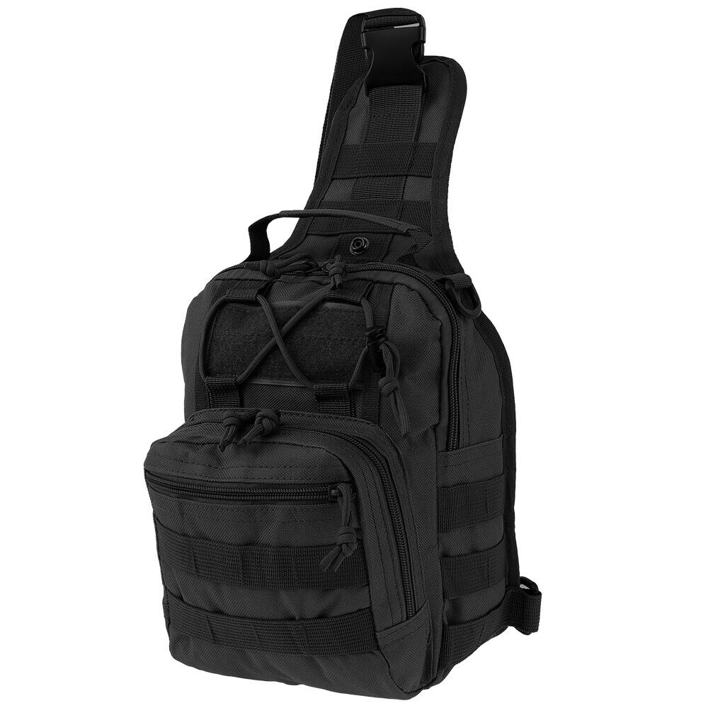 A man sports a black tactical sling backpack. Surrounding it, four similar bags are displayed in customizable styles: green camo, black, gray camo, and brown. Accompanying text reads "US Seller, Fast Shipping From USA." This is the Mens Backpack Tactical Sling Shoulder Bag Molle Travel Chest Pack Outdoor Hiking.