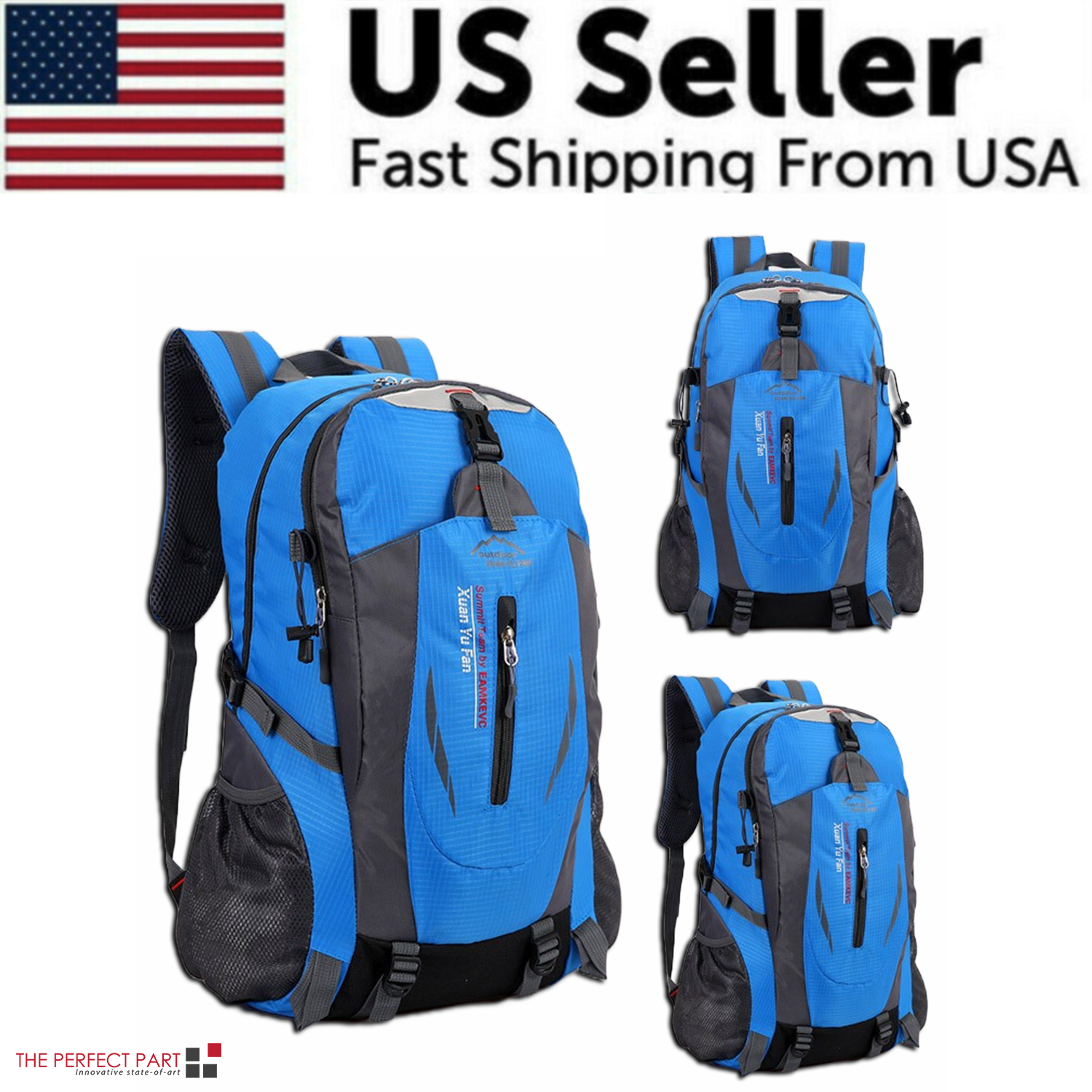 Five multi-colored 40L travel backpacks for men and women, perfect for hiking or school, showcased against a US flag backdrop with the message "US Seller Fast Shipping From USA." Experience customizable color choices to reflect your style and adventurous spirit.