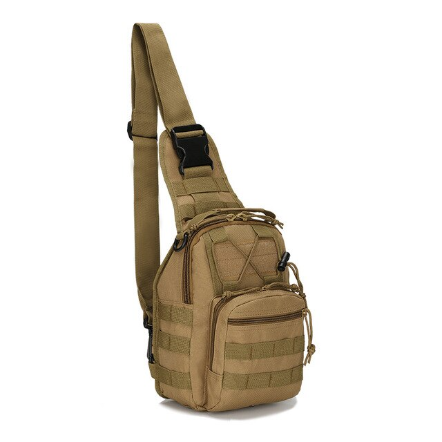 A man sports a black tactical sling backpack. Surrounding it, four similar bags are displayed in customizable styles: green camo, black, gray camo, and brown. Accompanying text reads "US Seller, Fast Shipping From USA." This is the Mens Backpack Tactical Sling Shoulder Bag Molle Travel Chest Pack Outdoor Hiking.