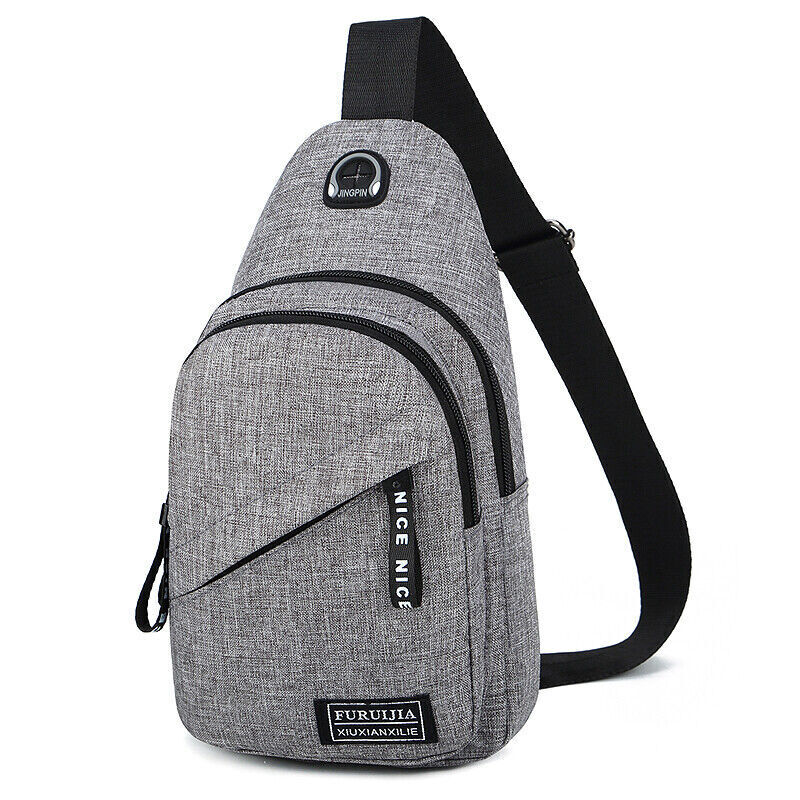 A promotional image of the Men Women Sling Bag Chest Fanny Packs Cross Body Travel Sports Shoulder Backpack highlights features such as headphone access and a built-in calendar widget. The image includes a man wearing the bag, along with an "US Seller" label and badges indicating fast shipping and premium quality.