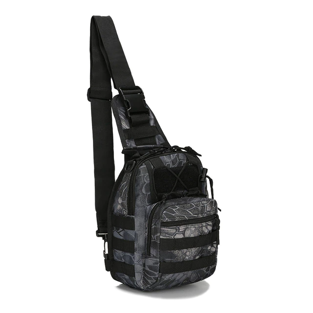 A man models a black, green, and camo Tactical Sling Shoulder Bag with a sleek design similar to a litepicker. The image emphasizes fast shipping from a US seller.