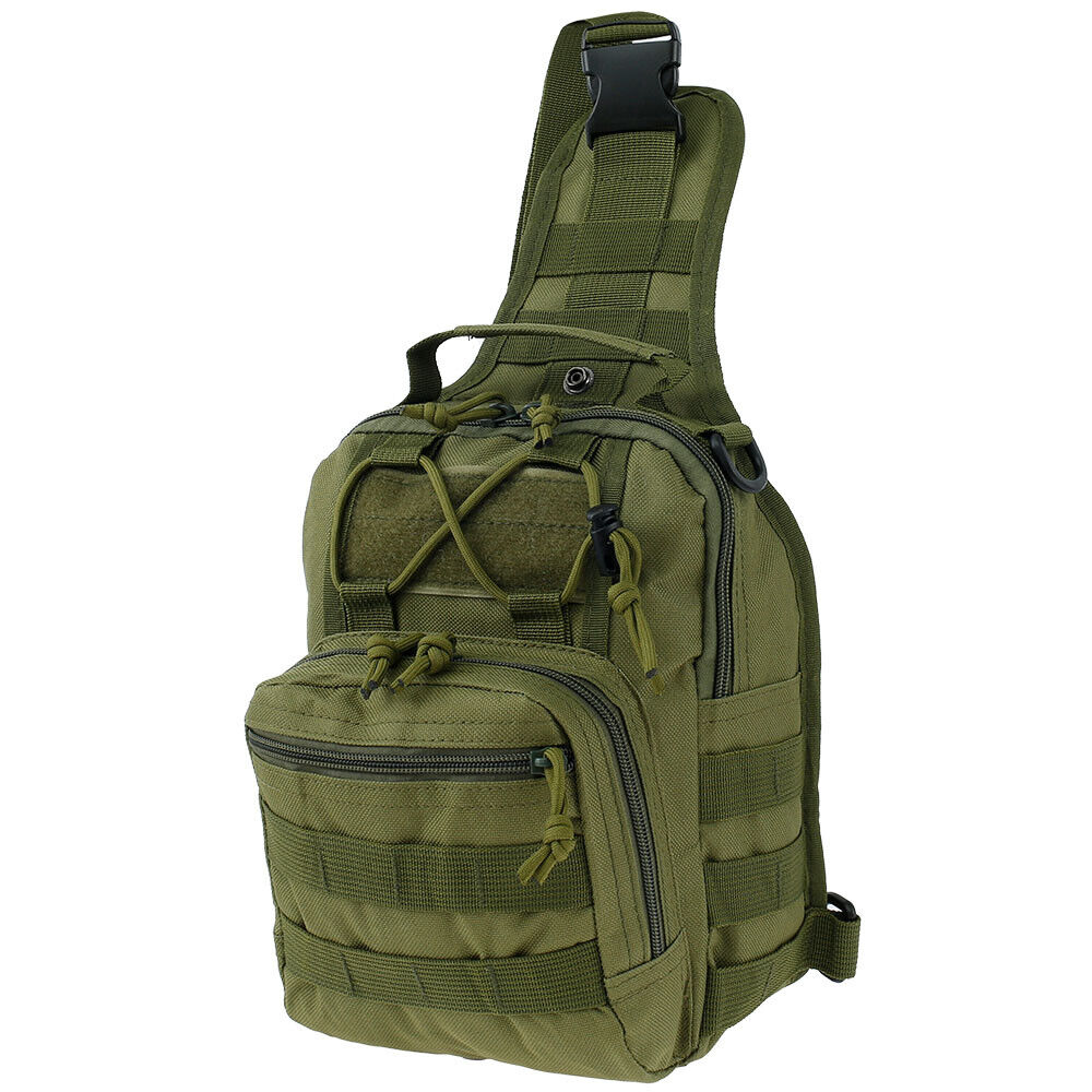 A man sports a black tactical sling backpack. Surrounding it, four similar bags are displayed in customizable styles: green camo, black, gray camo, and brown. Accompanying text reads "US Seller, Fast Shipping From USA." This is the Mens Backpack Tactical Sling Shoulder Bag Molle Travel Chest Pack Outdoor Hiking.