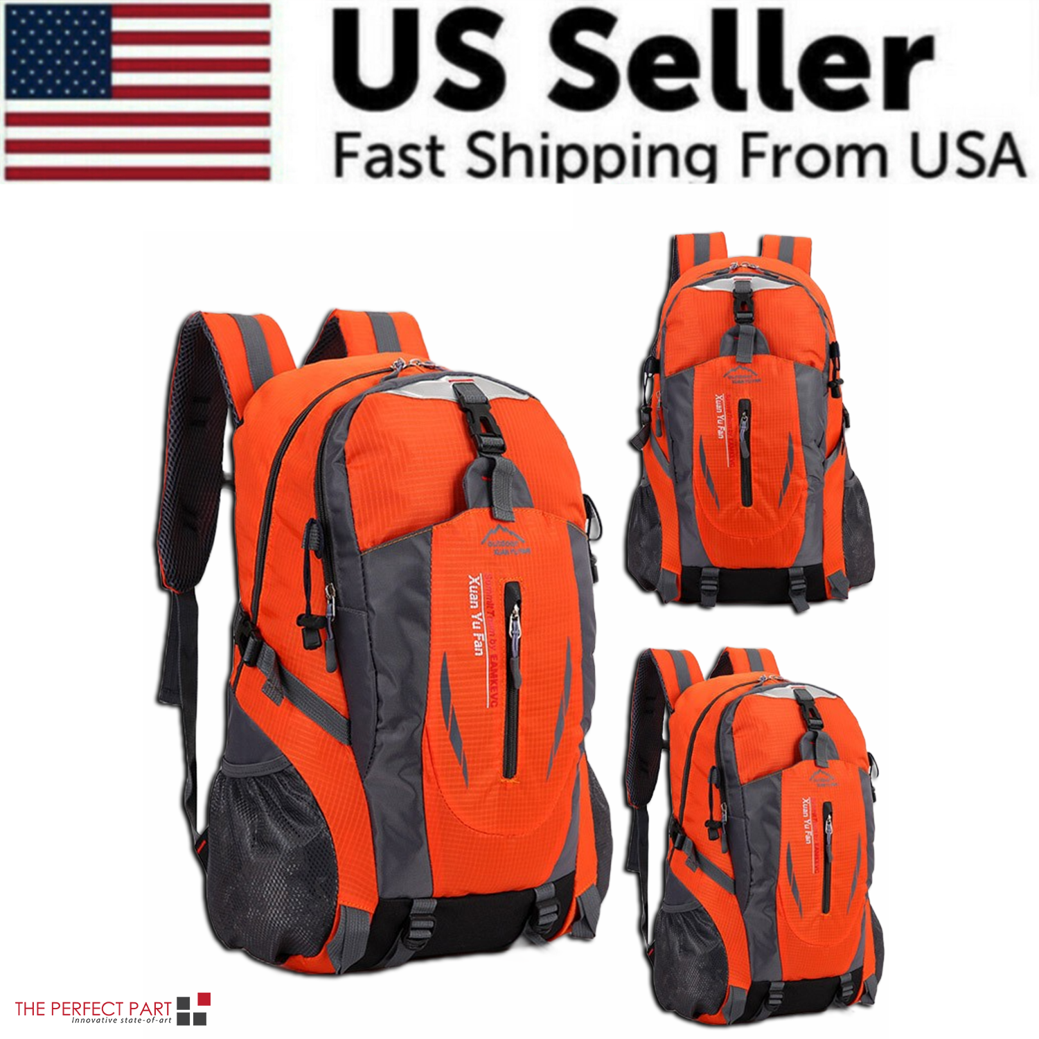 Displayed next to a USA flag with the text "US Seller Fast Shipping From USA," five 40L Travel Backpacks in green, gray, red, blue, and orange are showcased. Perfect for organizing your essentials, these versatile bags are as practical as a calendar widget on a busy day.