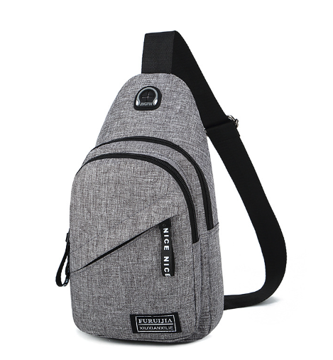 Two Men Women Sling Bag Chest Fanny Packs, one in gray and one in black, include a headphone port and an adjustable strap. There's an image of someone wearing the gray pack with headphones, ideal for days when you're busy managing tasks with your calendar widget while on the move.