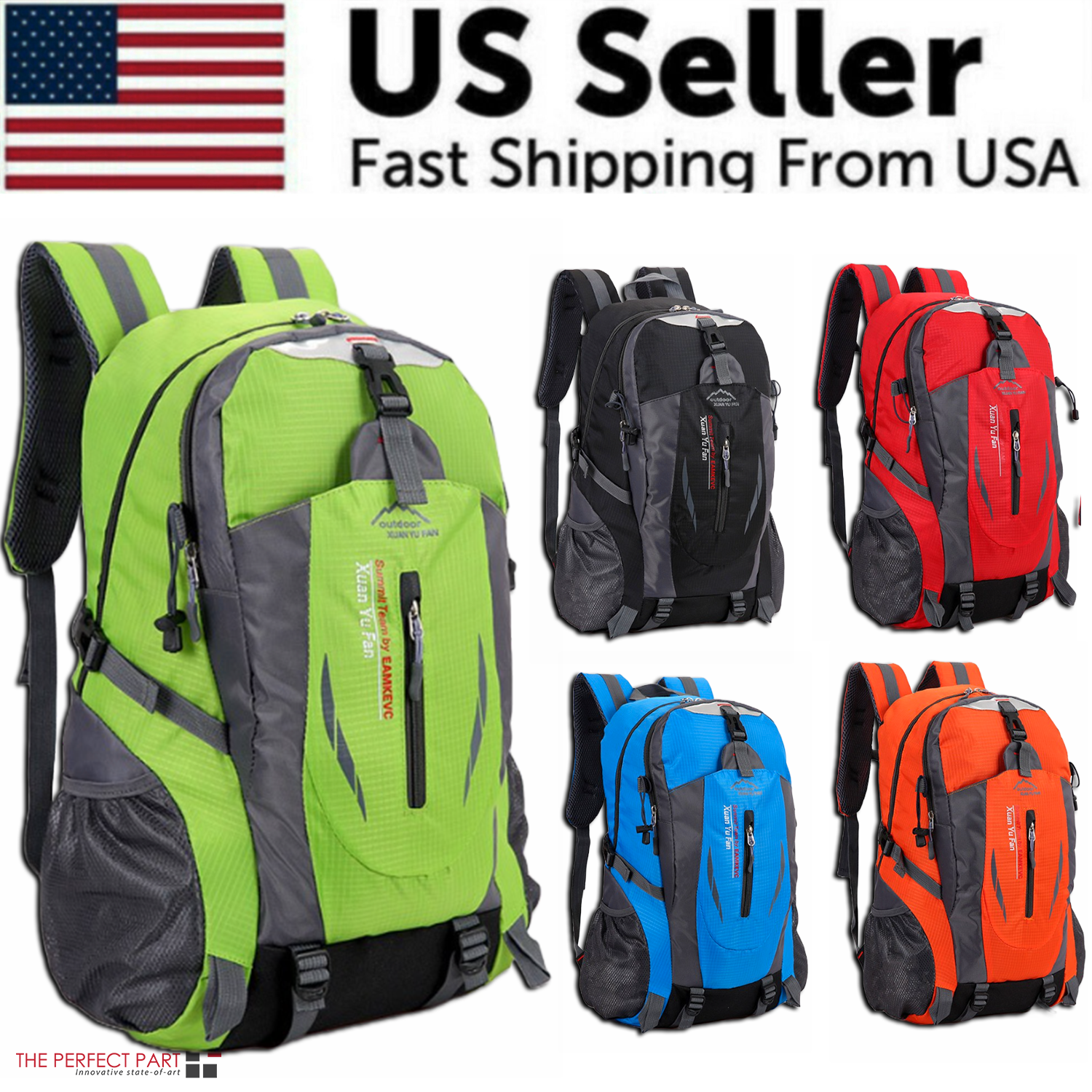 The product image showcases four versions of the 40L Men Women Travel Backpack Rucksack Camping Laptop Hiking School Book Bag USA in green, black, blue, and orange against a white backdrop. An "US Seller" banner adorned with an American flag is prominently displayed at the top. Ideal for those impulsive escapades—no calendar required to plan your next adventure!