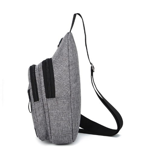 Two Men Women Sling Bag Chest Fanny Packs, one in gray and one in black, include a headphone port and an adjustable strap. There's an image of someone wearing the gray pack with headphones, ideal for days when you're busy managing tasks with your calendar widget while on the move.