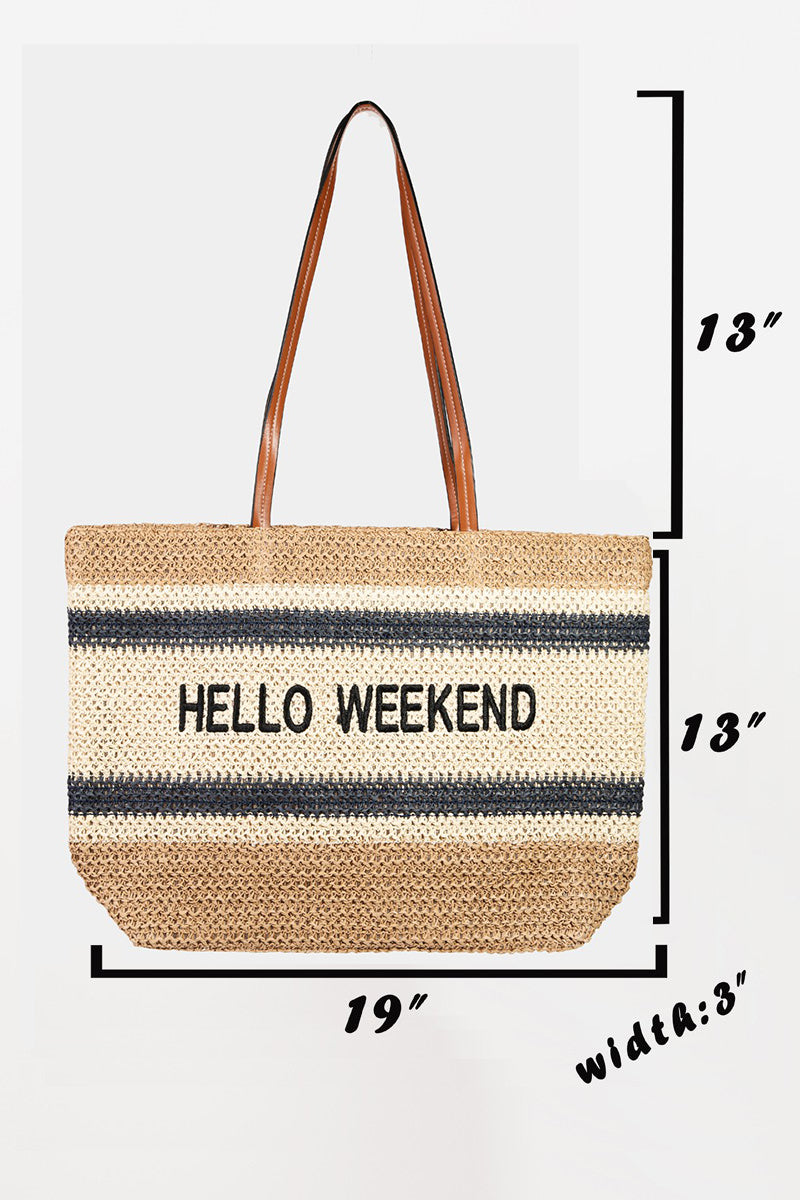 Introducing the Fame Letter Graphic Striped Tote Bag, a chic accessory designed with brown handles and featuring "HELLO WEEKEND" in bold black lettering on the front. Its classic style makes it a perfect companion for any outing.