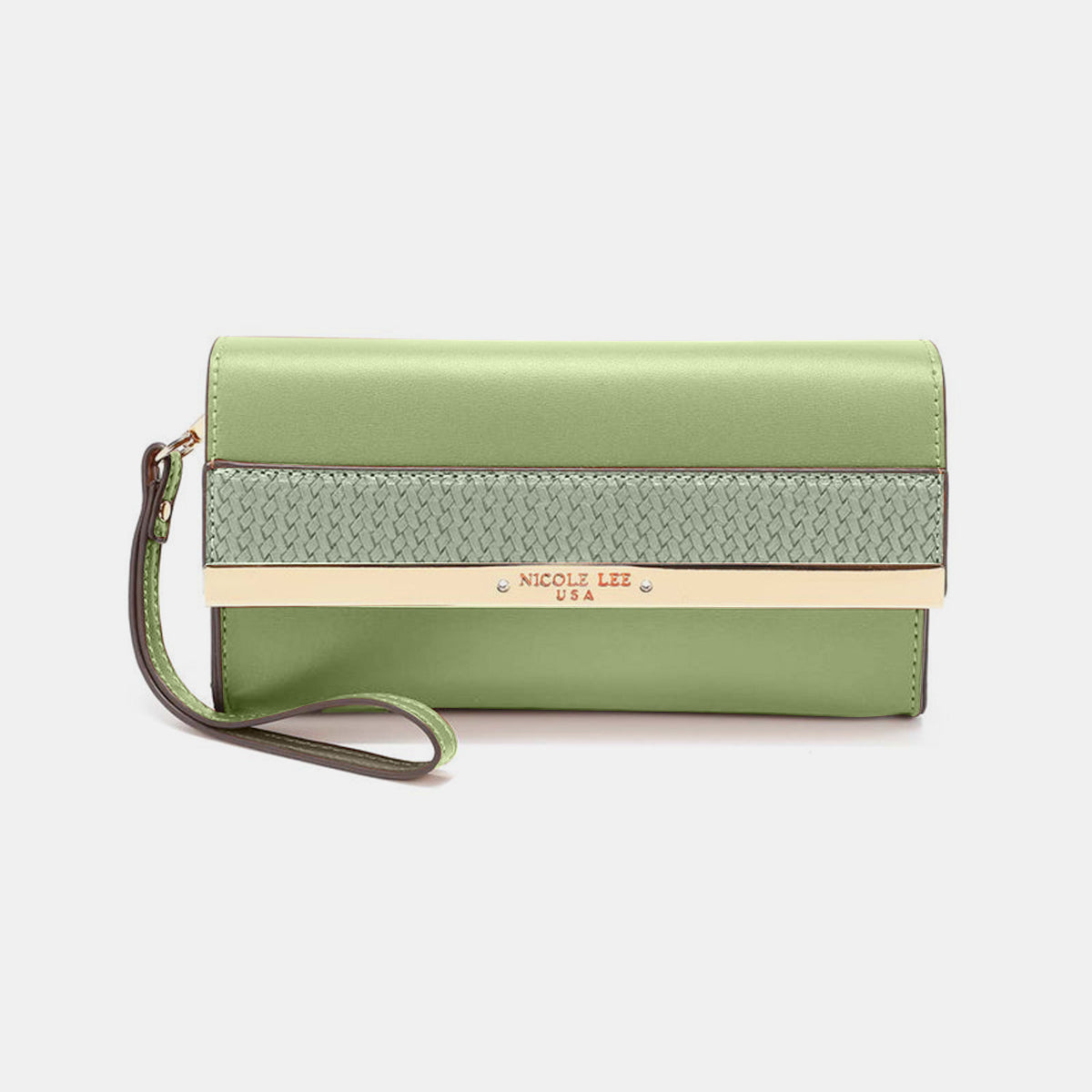 Displayed against a neutral background are three handbags from the Nicole Lee USA 3-Piece Handbag Set in green and beige, including a chic Clutch Wristlet.