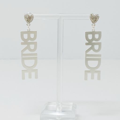 A pair of Say I Do Bride earrings in silver on the left and a pair of Say I Do Bride earrings in gold plated on the right against a light background, perfect for bachelorette party accessories.