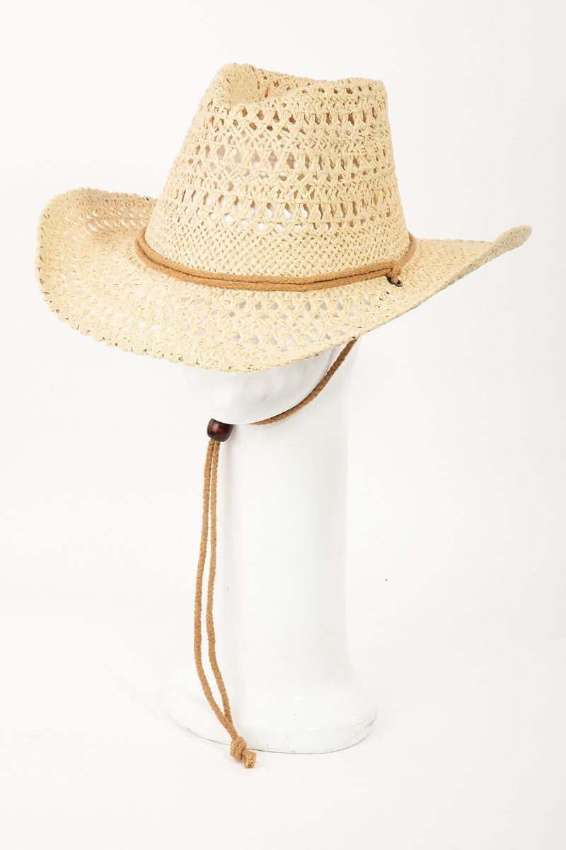 The Fame Rope Strap Straw Braided Hat, a tan woven cowboy hat with a braided rope strap, is displayed on a white mannequin head against a plain background.