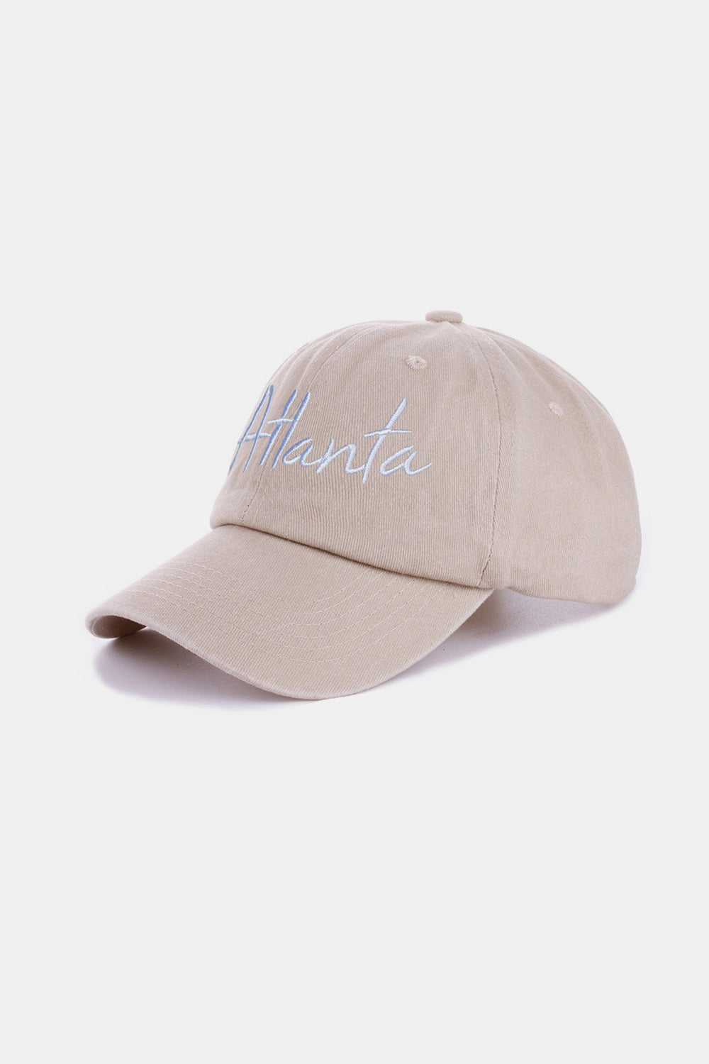 The Zenana Washed ATLANTA Embroidered Baseball Cap is a vintage style accessory, showcasing the word "Atlanta" embroidered in white on its blue denim front.