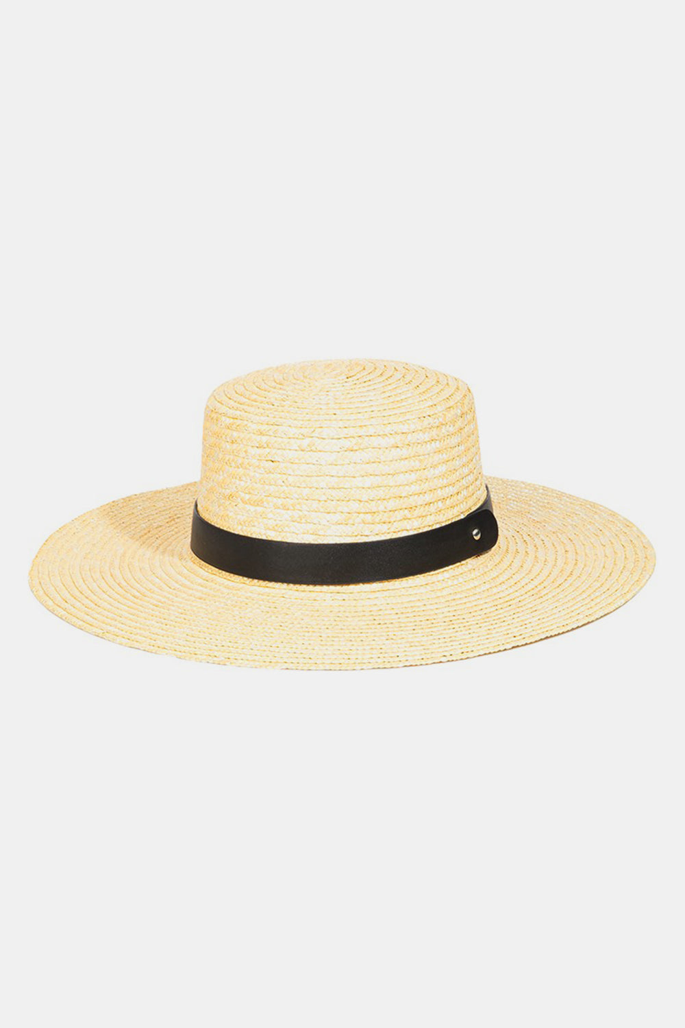 The Fame Flat Brim Straw Weave Hat, showcased against a white background with its stylish black band around the crown, makes for the perfect summer accessory.