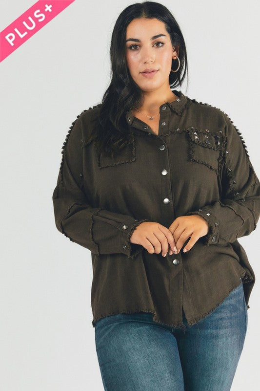 A person with dark hair wearing a Plus Distressed Hem Button Down Oversize Shirt and jeans stands against a light background, embodying casual comfort.