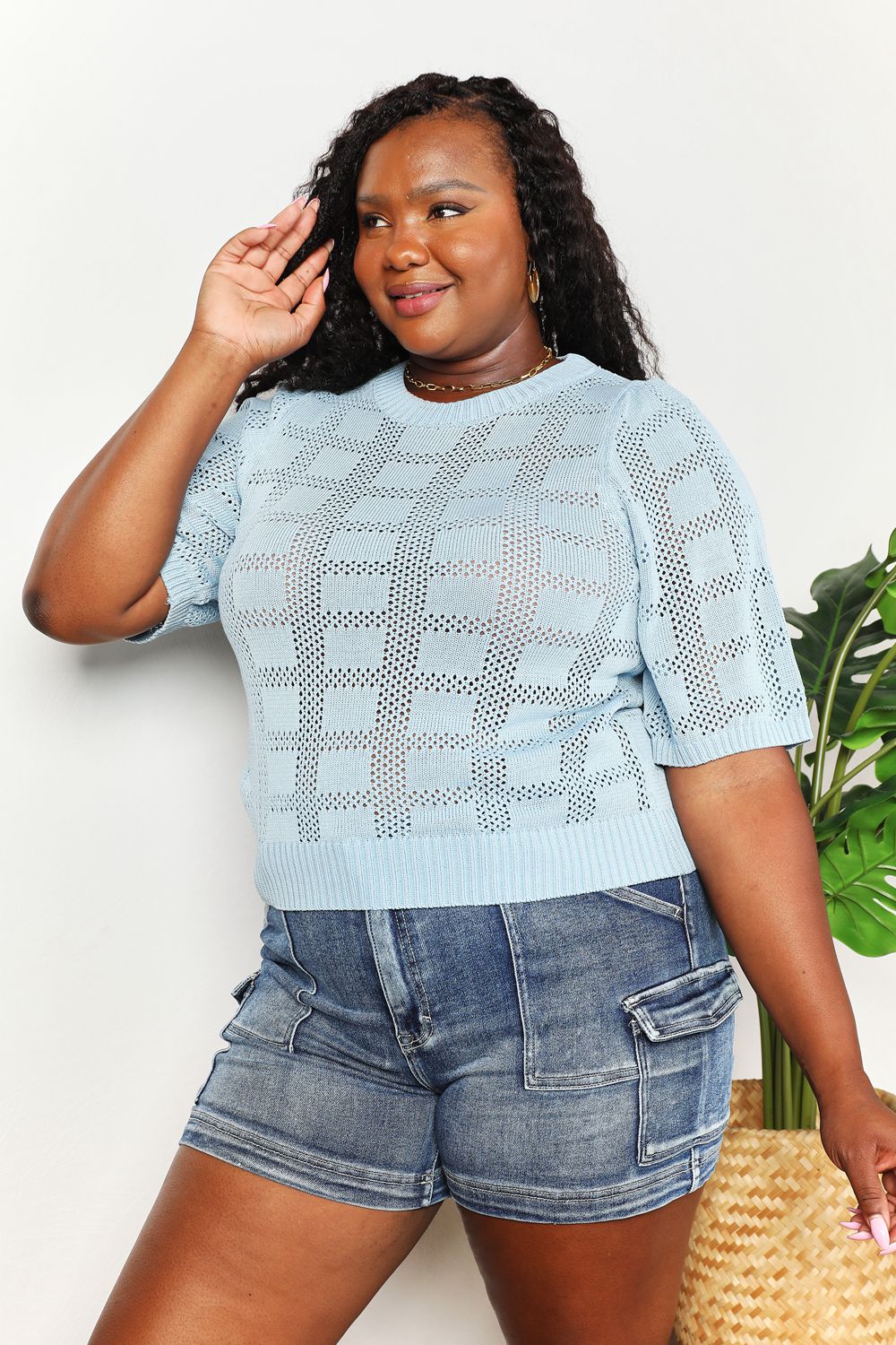 A person is standing and smiling, wearing the Mandy Ribbed Trim Round Neck Knit Top in light blue with half sleeves, paired with blue jeans. A potted plant is partly visible next to them against the plain background.