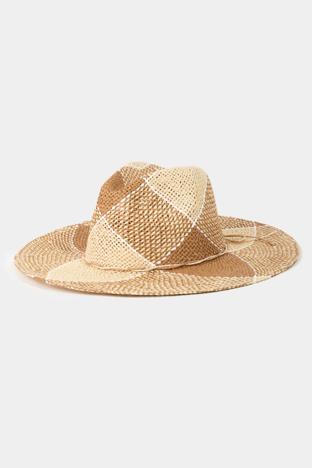 Introducing the Fame Contrast Straw Braid Hat—a wide-brimmed woven straw hat featuring a distinctive green and beige checkered pattern on a white background, designed to provide excellent sun protection.