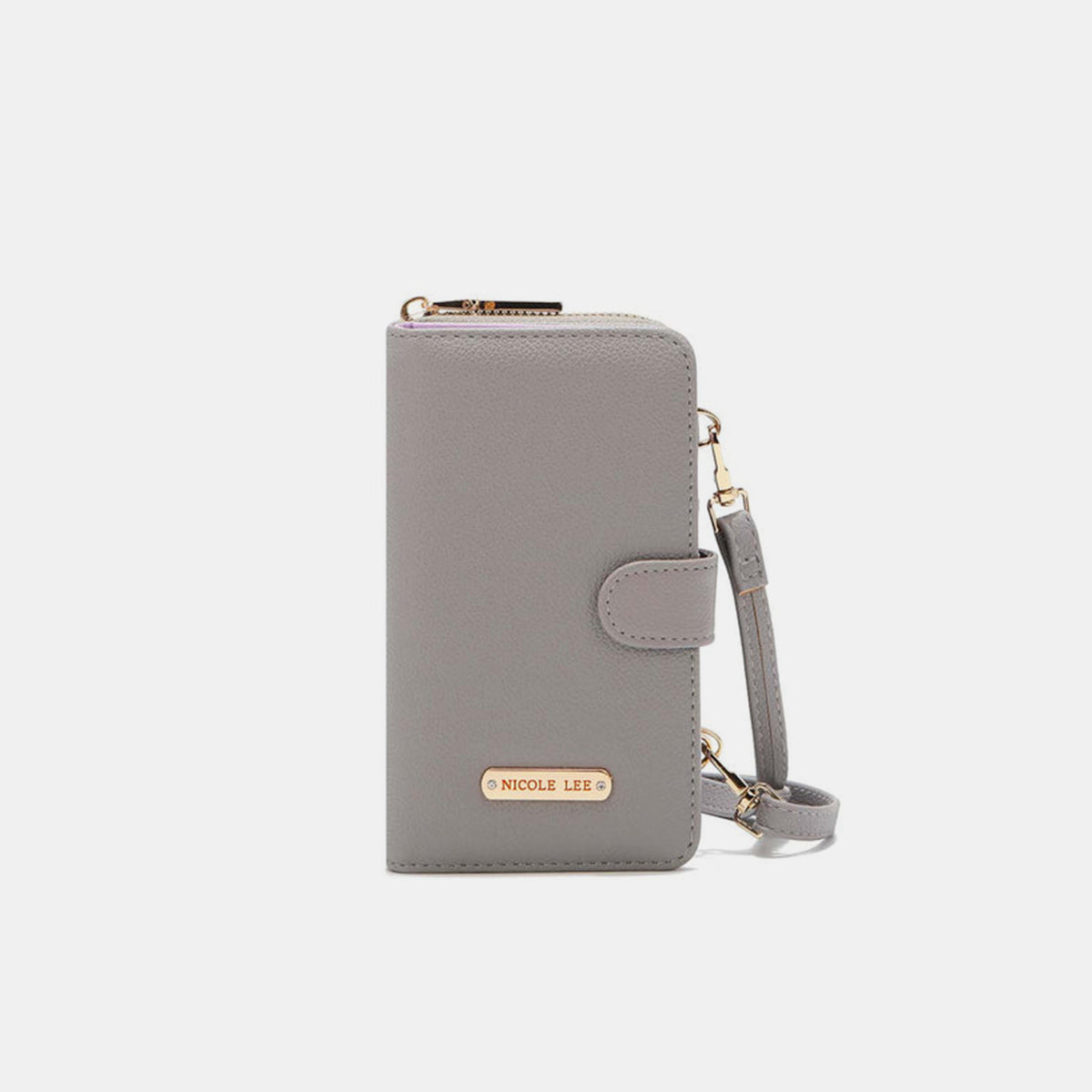 A yellow Nicole Lee USA 2 Piece Phone Case Crossbody Wallet, crafted from vegan leather, with a detachable strap and a snap button closure, displayed against a white background.