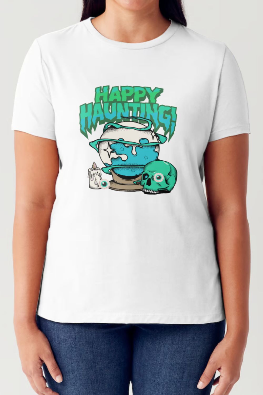 A person is wearing the Simply Love Full Size HAPPY HAUNTING Short Sleeve Tubular T-Shirt, made of breathable fabric and adorned with a "Happy Haunting" graphic featuring a spooky fishbowl, a skull, and a haunted house illustration.