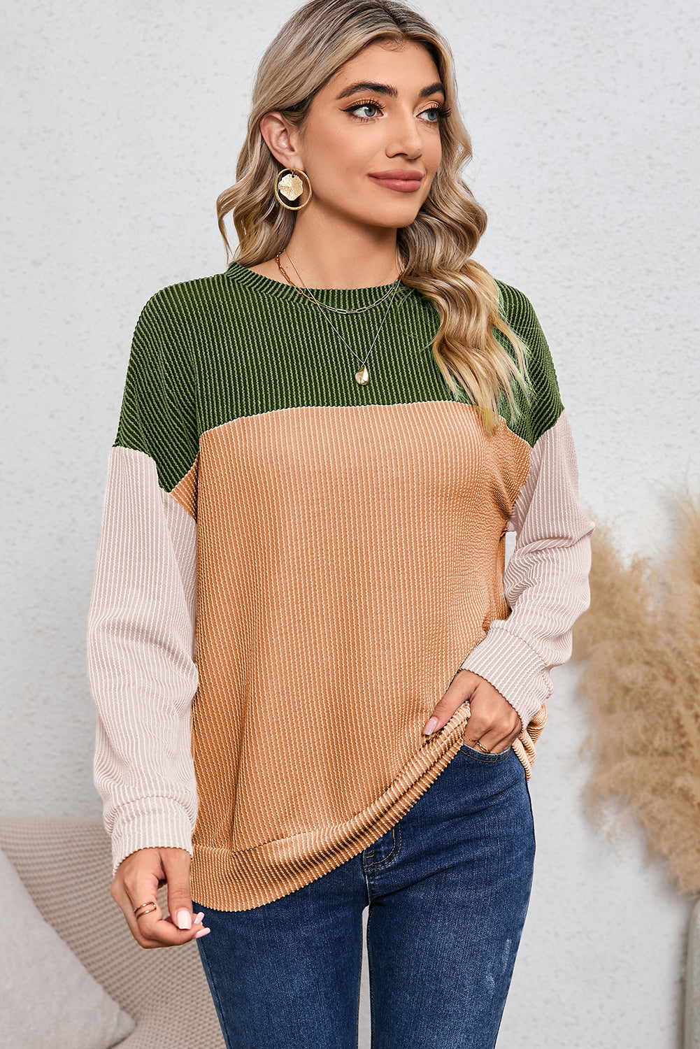 Wholesale Black Color Block Corduroy Long Sleeve Tops.