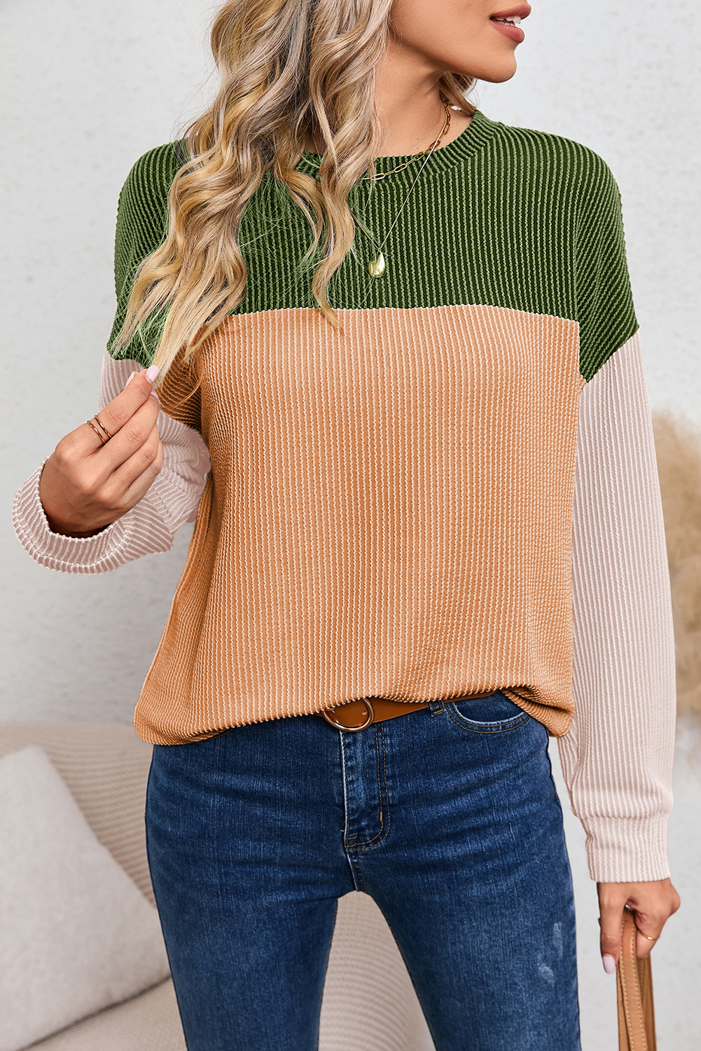Wholesale Black Color Block Corduroy Long Sleeve Tops.