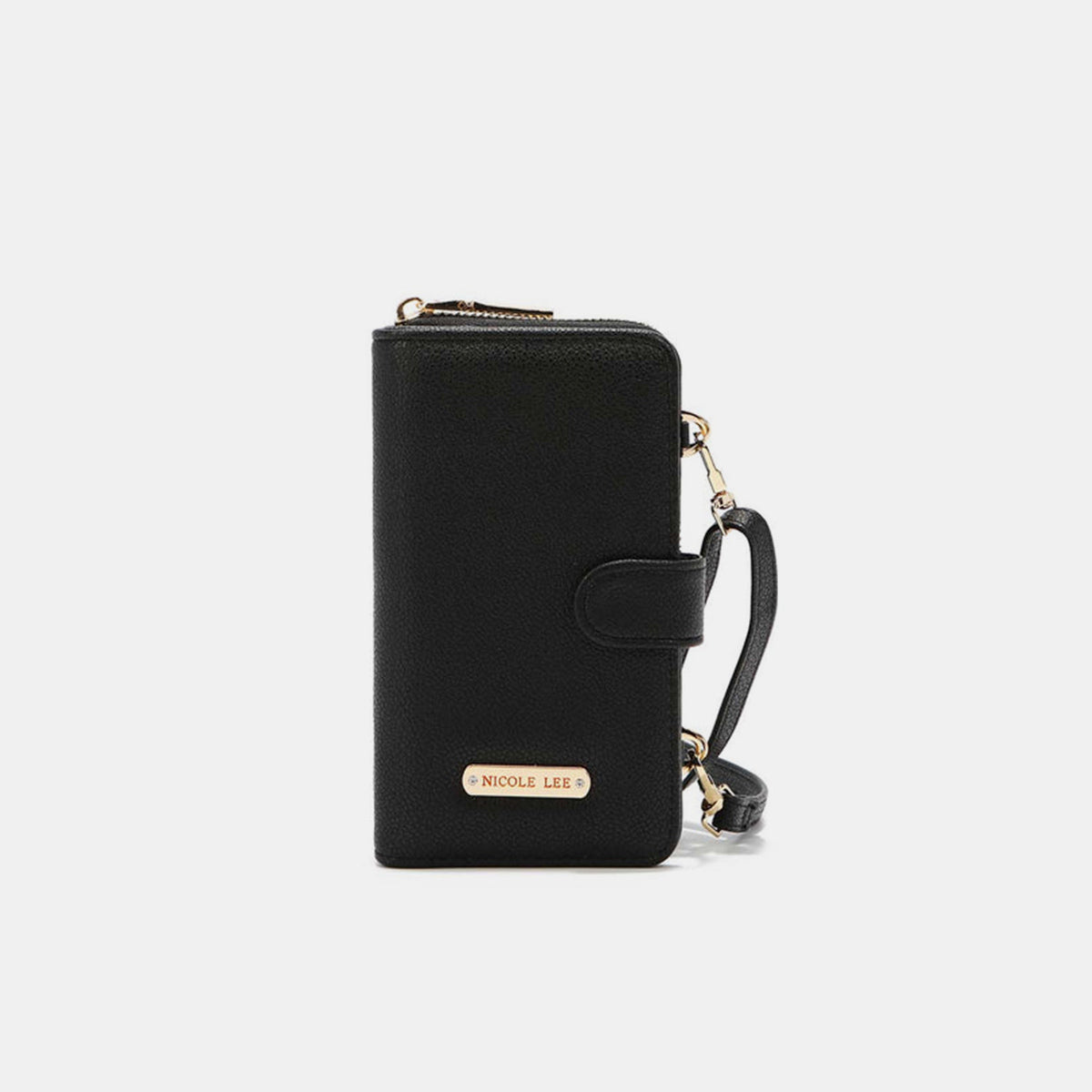 A yellow Nicole Lee USA 2 Piece Phone Case Crossbody Wallet, crafted from vegan leather, with a detachable strap and a snap button closure, displayed against a white background.