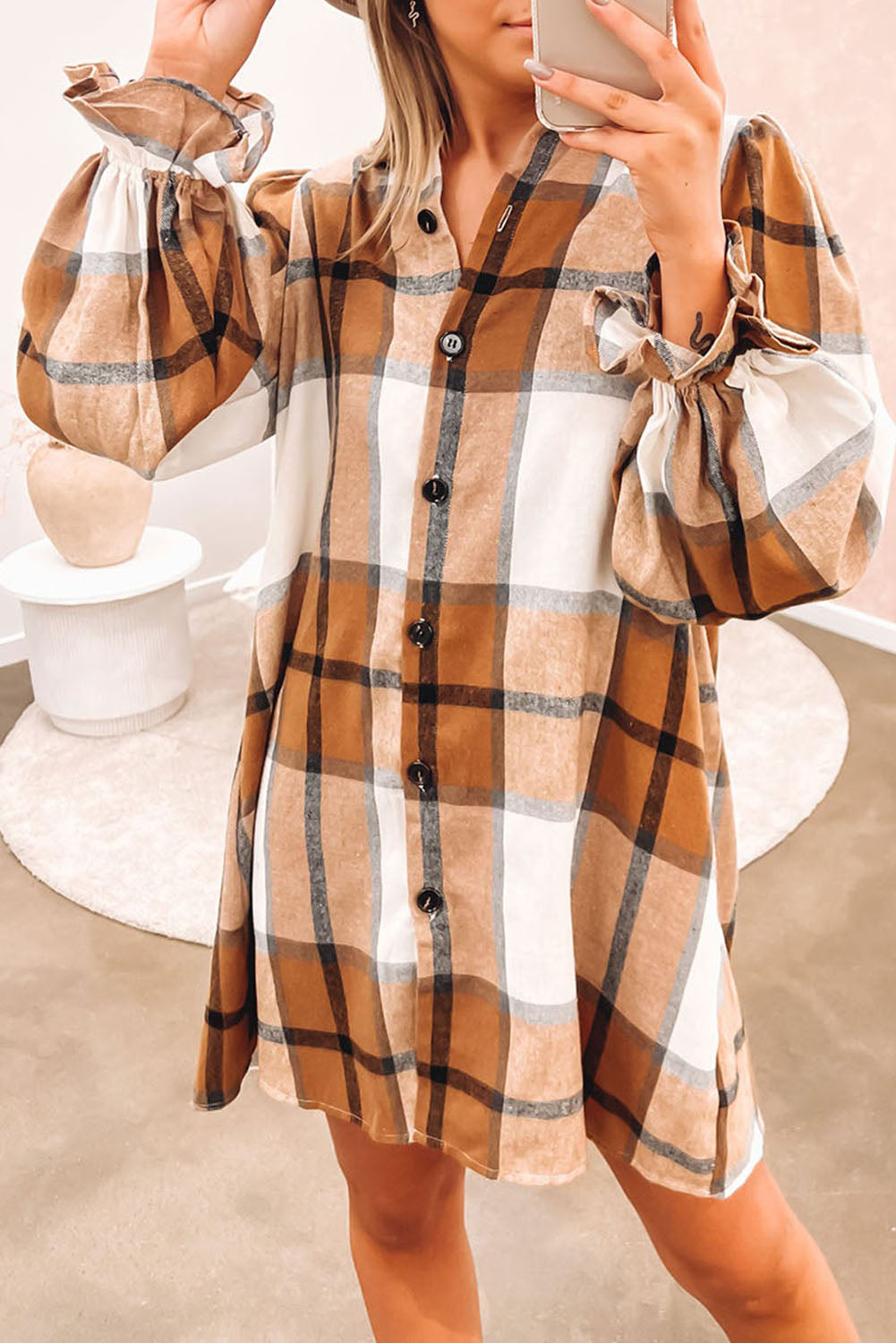A woman wearing a Khaki Plaid Pattern Collared Neck Ruffled Sleeve Shirt Dress.