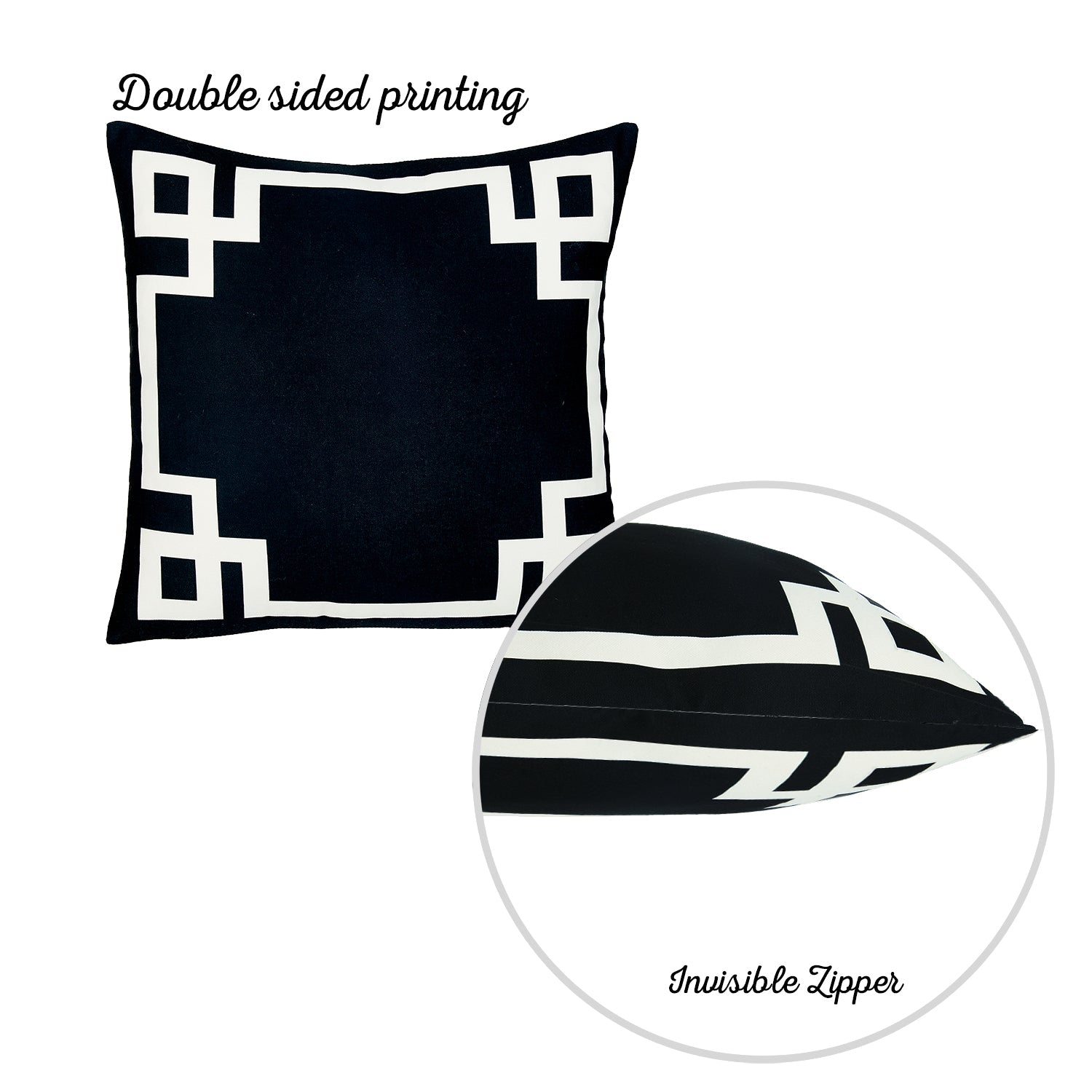 A brown sofa with Geometric Black&White Square Decorative Throw Pillow Covers (Set of 2) sits beside a plant. These pillow covers are designed with hidden zipper closures for easy maintenance. In the background, a white shelf displays a collection of books.