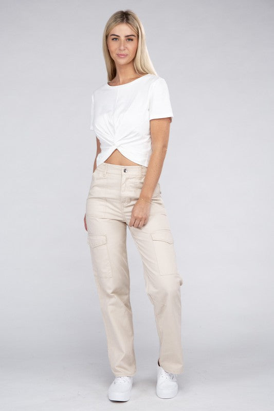 A person is wearing high-waisted, olive green Everyday Wear Elastic-Waist Cargo Pants, complemented by black high-heeled sandals.