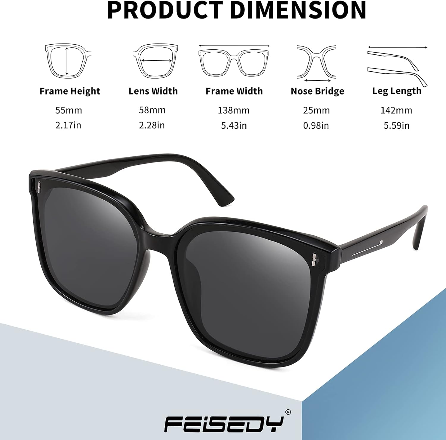 A pair of FEISEDY Women Oversized Vintage Polarized Sunglasses Square Cute Trendy Classic Simple Men B2758 with dark lenses and thin arms.