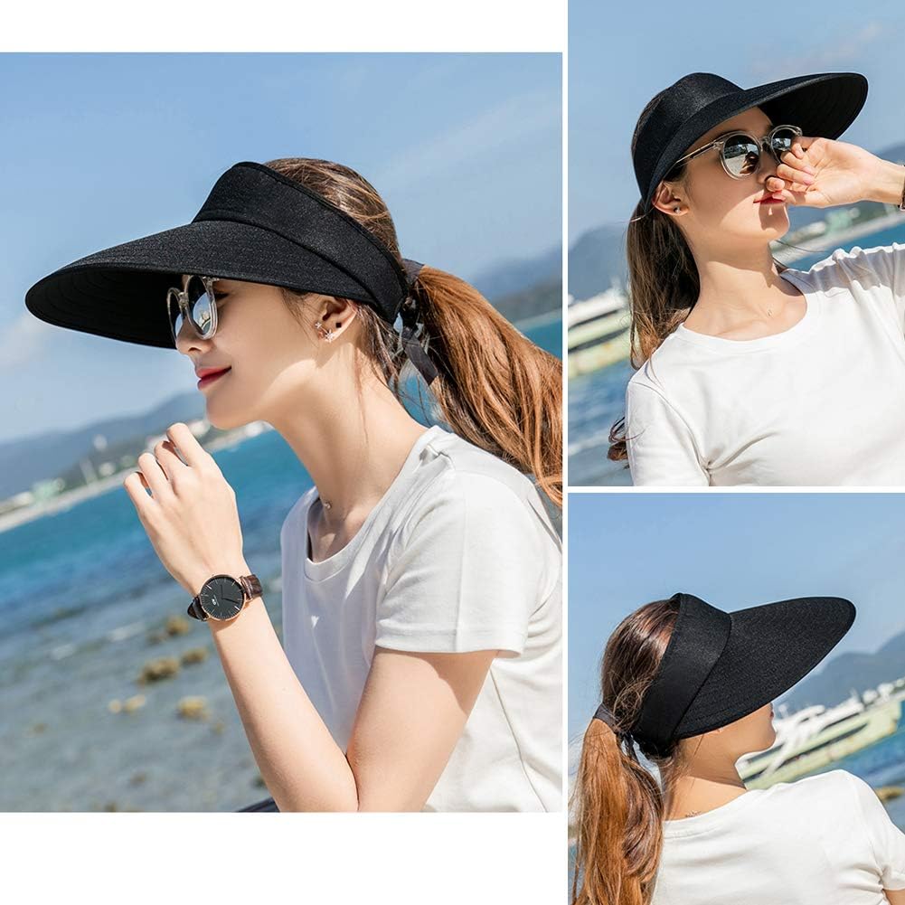Woman wearing a Sun Visor Hats Women Large Brim Summer UV Protection Beach Cap and sunglasses, styled with a white t-shirt and ponytail, looking to the side against a white background.