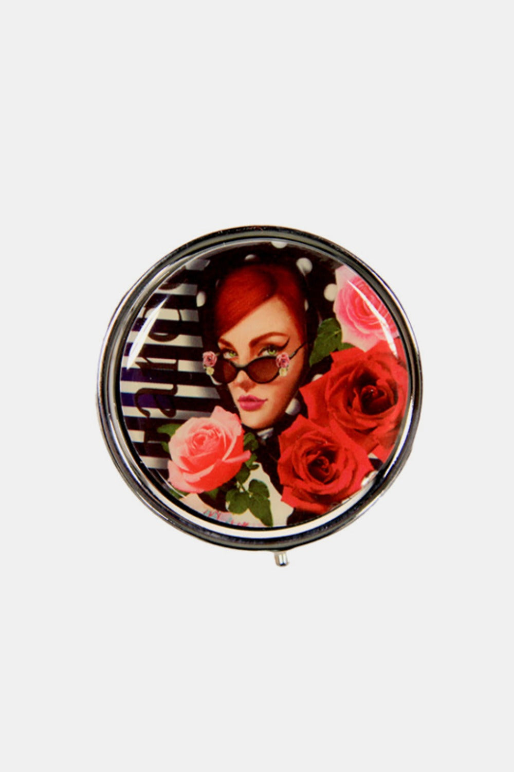 The Nicole Lee USA Print Metallic Circular Small Pill Case holds a metal pin that showcases an illustration of a dog and cat driving a red convertible through a city adorned with iconic buildings and landmarks, all wrapped in a sleek silver-tone metal exterior.