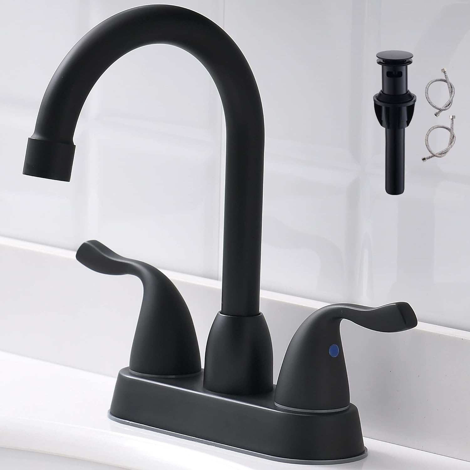 2 Handle Black Bathroom Sink Faucet - 4 Inch Centerset Faucet Bathroom 2 or 3 Hole Lavatory Faucet Bathroom Vanity Sink Faucets with Pop-up Drain and Supply Lines Matte Black installed on a white sink.