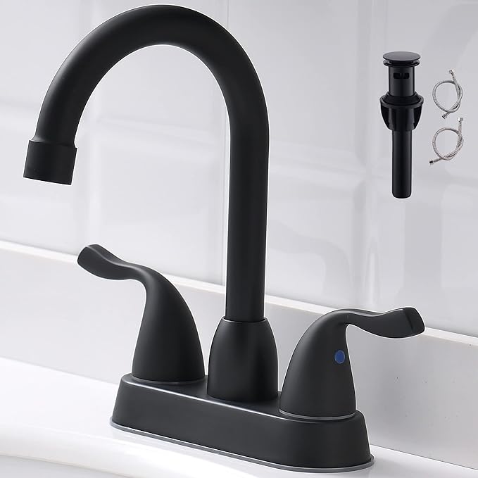 2 Handle Black Bathroom Sink Faucet - 4 Inch Centerset Faucet Bathroom 2 or 3 Hole Lavatory Faucet Bathroom Vanity Sink Faucets with Pop-up Drain and Supply Lines Matte Black installed on a white sink.